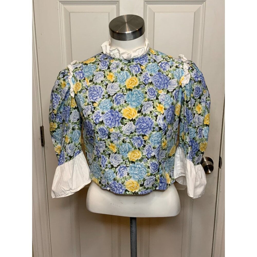 Batsheva Blue Floral Ruffle Puff Sleeve Cropped Top, Size 8